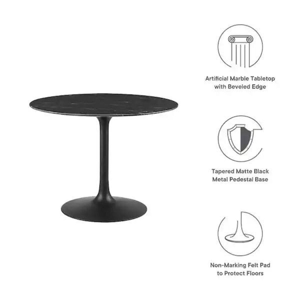TULIP DINING TABLE 40" ROUND - Faux Marble in Black with Black Base