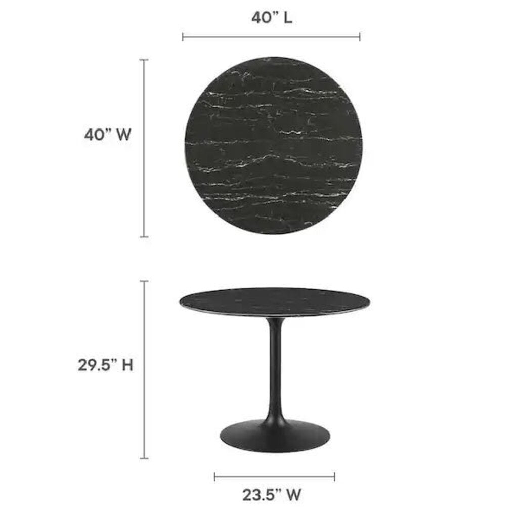 TULIP DINING TABLE 40" ROUND - Faux Marble in Black with Black Base