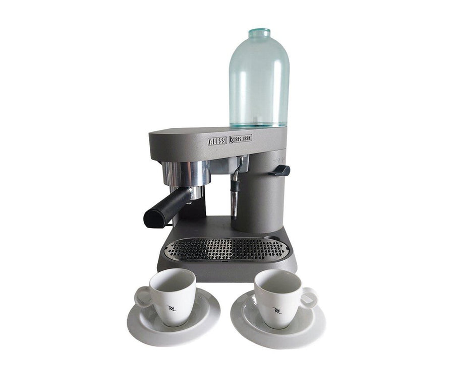 Alessi Espresso Maker with Set of Six Ceramic Cups and Saucers