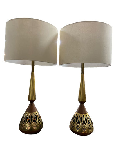 Mid Century Modern Walnut and Brass Monumental Lamps Tony Paul