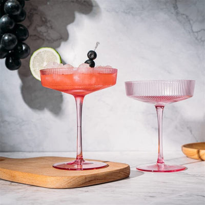 Set of 2 Ripple Ribbed Cocktail Coupe Colored Glasses | 8oz