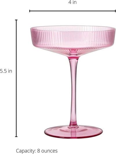 Set of 2 Ripple Ribbed Cocktail Coupe Colored Glasses | 8oz