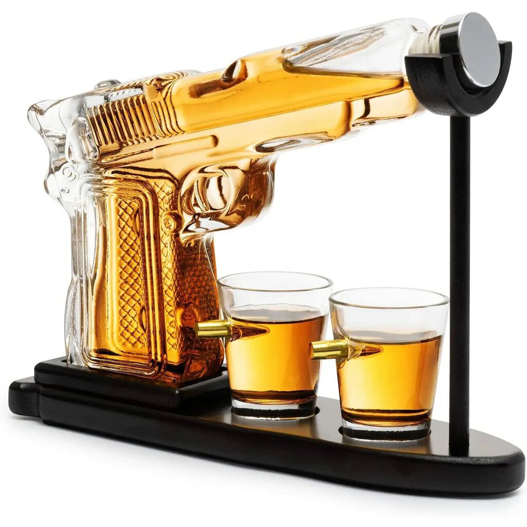 Pistol Gun Decanter Set + 2 Bullet Shot Glasses & Wood Stand