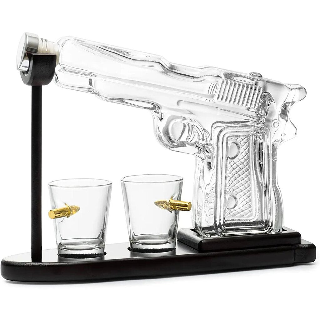 Pistol Gun Decanter Set + 2 Bullet Shot Glasses & Wood Stand