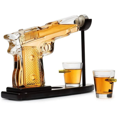 Pistol Gun Decanter Set + 2 Bullet Shot Glasses & Wood Stand