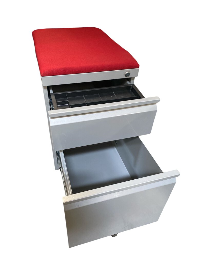 Grey Pedestal File Cabinet w/Red Cushion and Casters