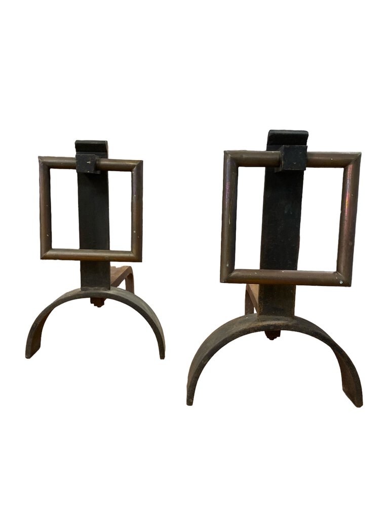 Modernist Iron and Copper Pair of Fireplace Andirons (Set of 2)