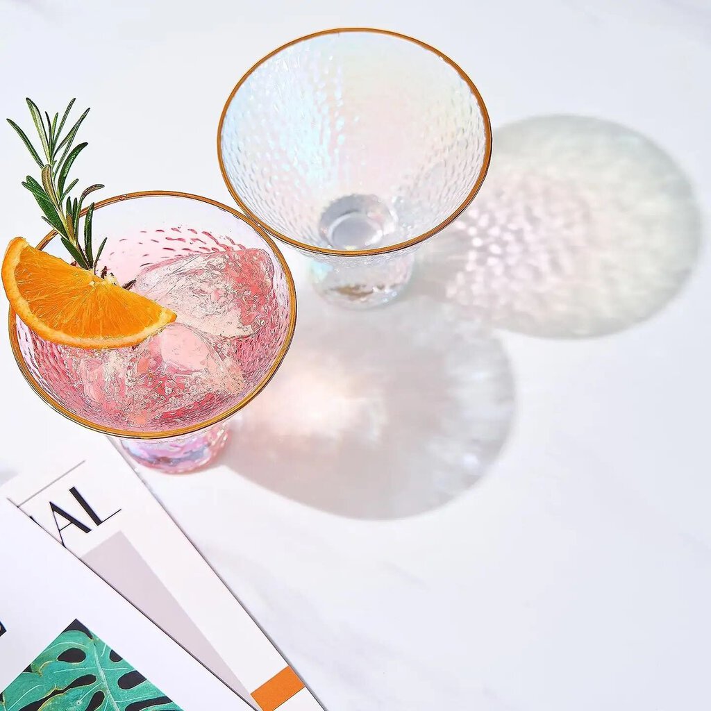 Iridescent Hammered Stemles Glasses - Set of 2, Gold Rim 8oz