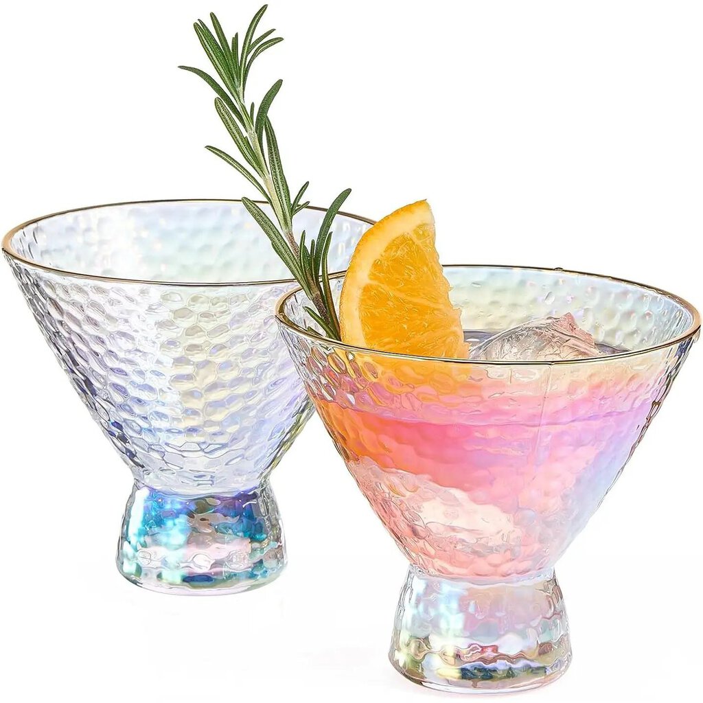 Iridescent Hammered Stemles Glasses - Set of 2, Gold Rim 8oz