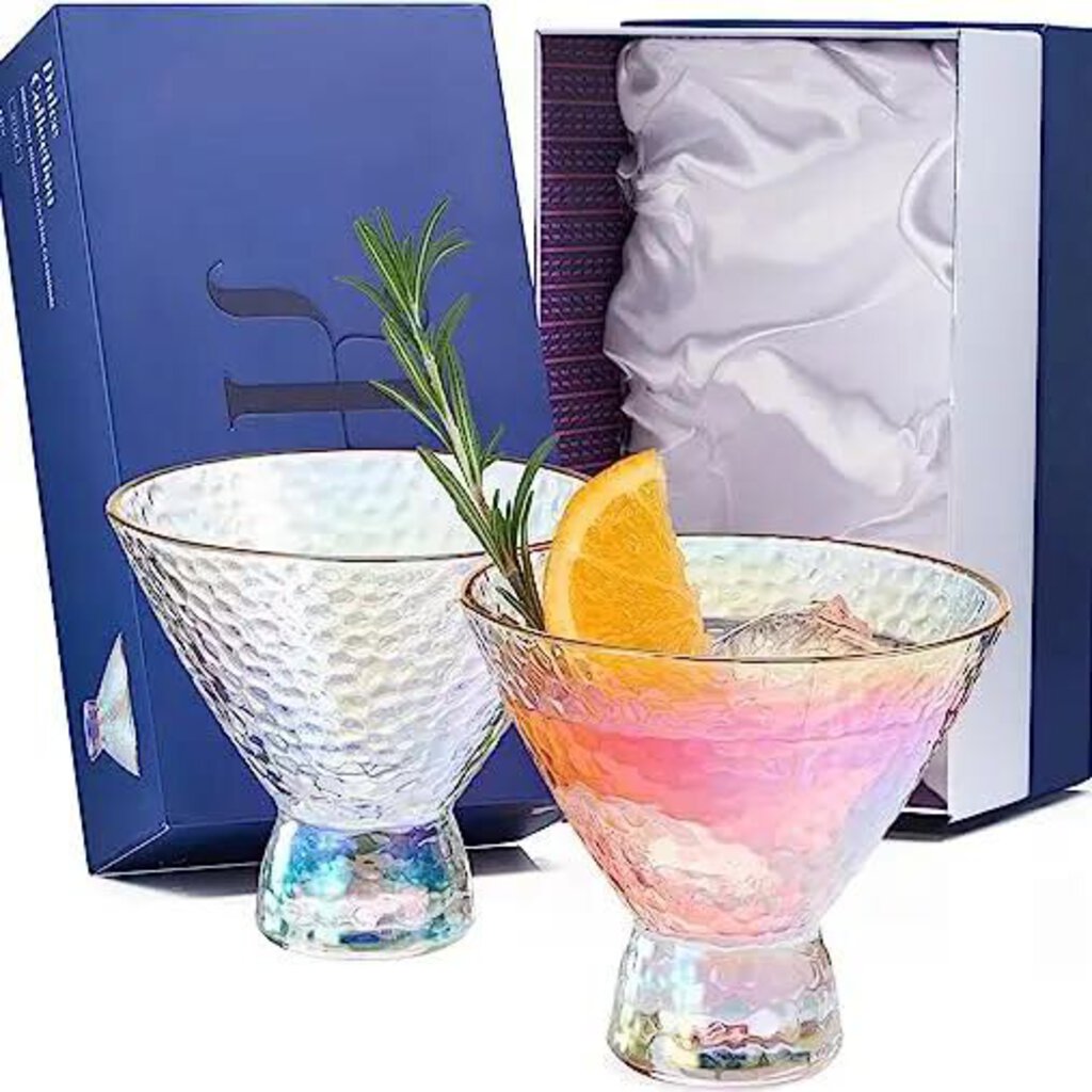 Iridescent Hammered Stemles Glasses - Set of 2, Gold Rim 8oz