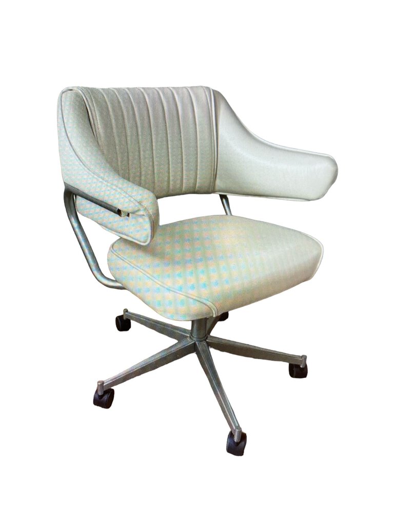 Vintage White Leather Padded Arm Bucket Dinette/Game Table Chair w/casters