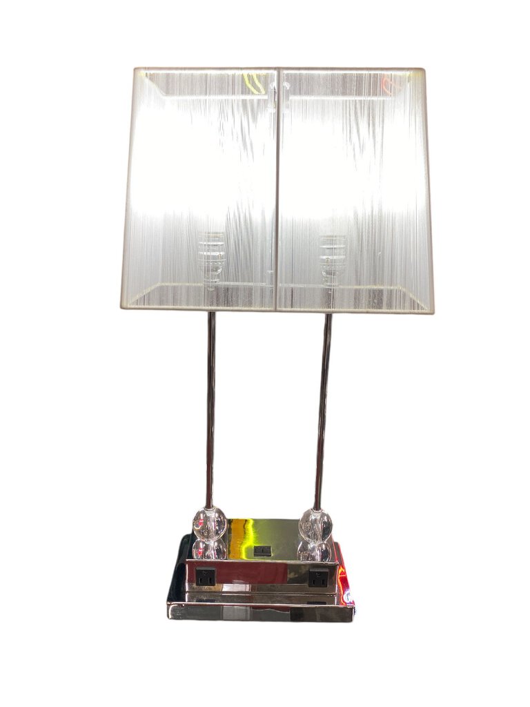 Modern Double Sconce Table Lamp w/Outlets in Polished Nickel - 27.25"Hx7.5"Dx14"W