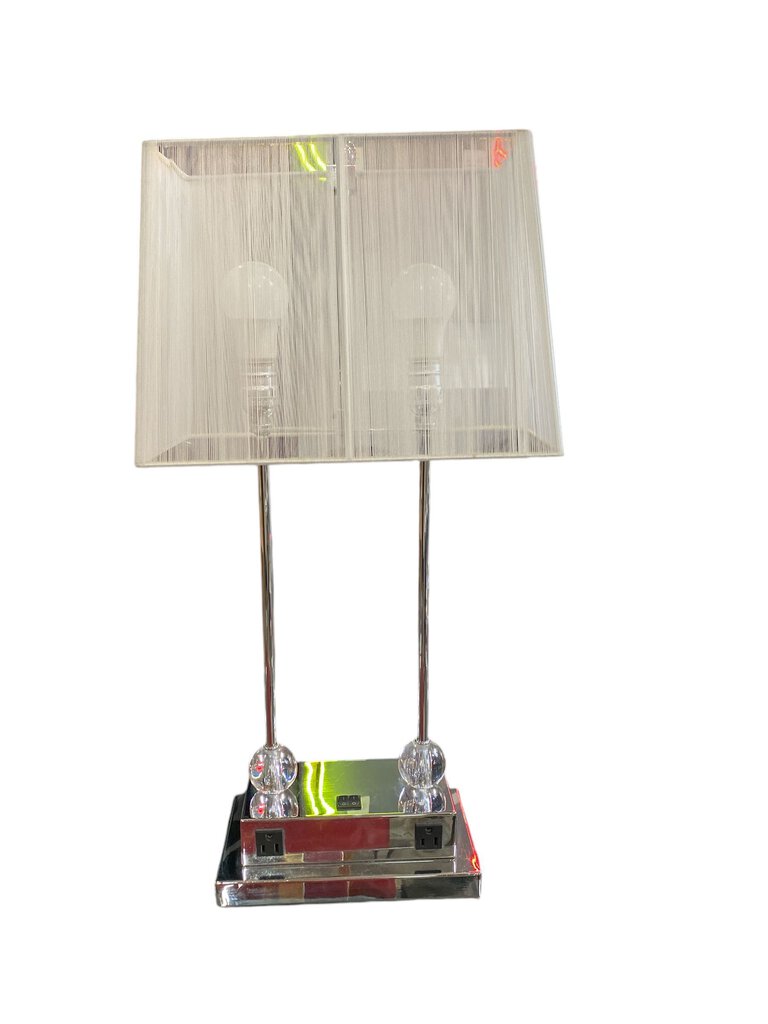 Modern Double Sconce Table Lamp w/Outlets in Polished Nickel - 27.25"Hx7.5"Dx14"W