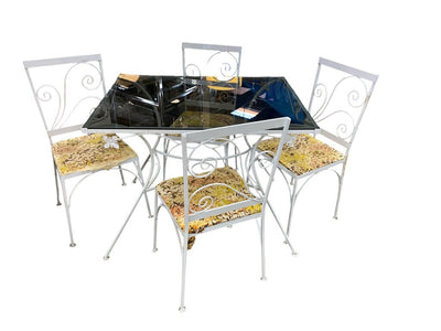 Mid Century Outdoor 5pc Patio Set White Metal & Smoked Glass Table w/4 Chairs
