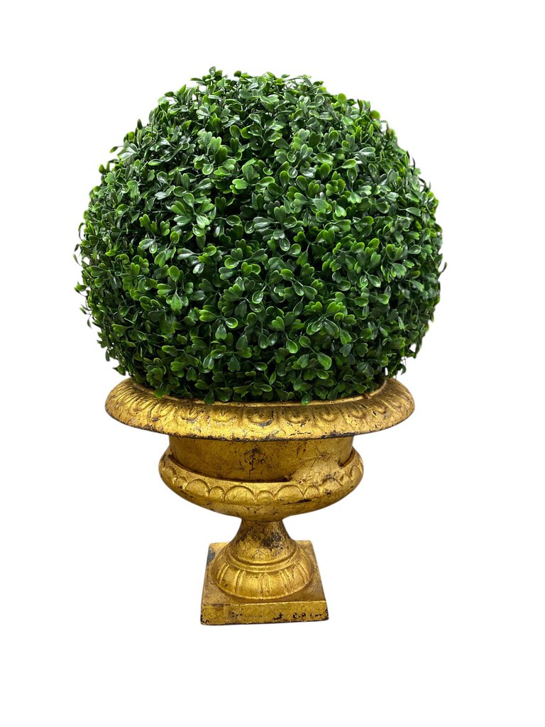 Vintage Cast Iron Gold Gilt Planter w/ Boxwood Ball