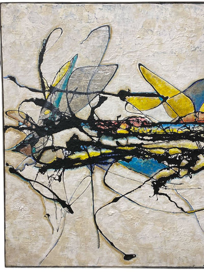 Unsigned Mid Century Textural Illustrative Painting - Mainly in Blue, Yellow and Black, with Custom Aluminum Frame