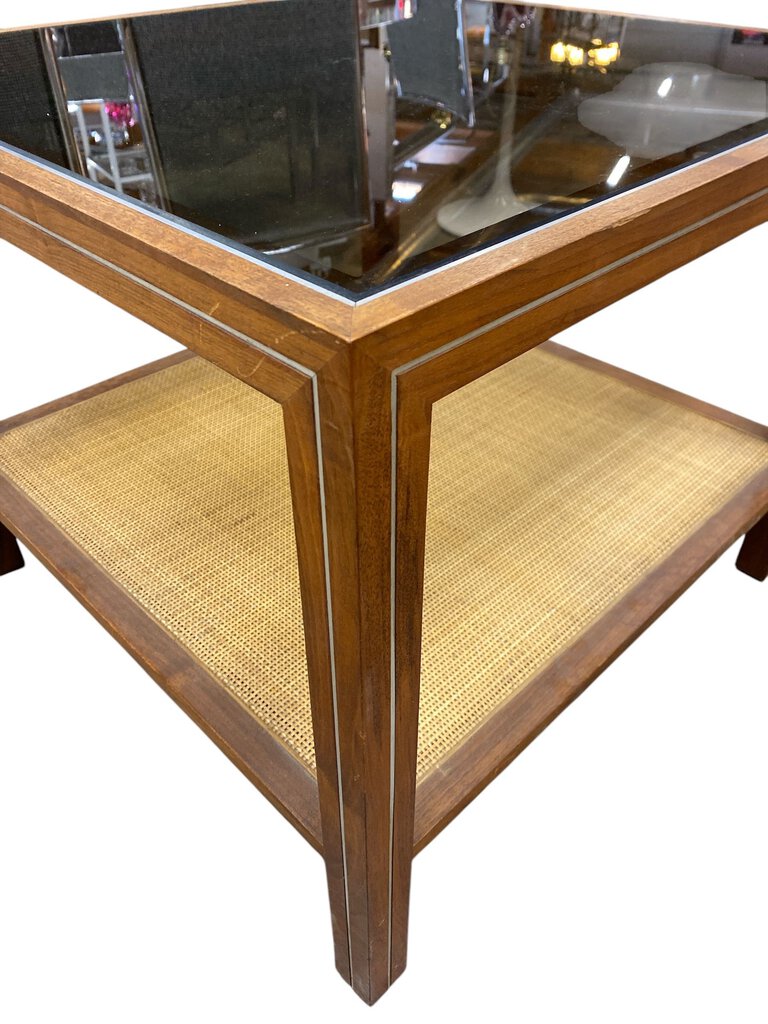 Mid Century Side Table w/ Cane Base & Smoked Glass Top