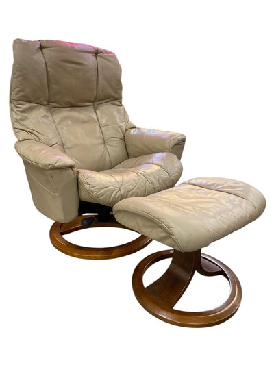 Beige Leather Stressless Style Recliner with Ottoman