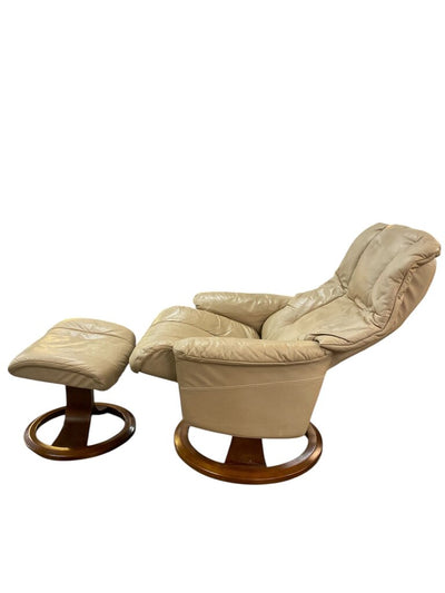 Beige Leather Stressless Style Recliner with Ottoman