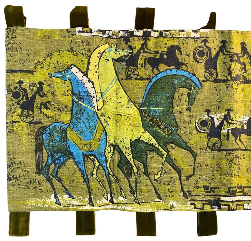 1960's MCM Etruscan Horses Linen and Velvet Wall Hanging