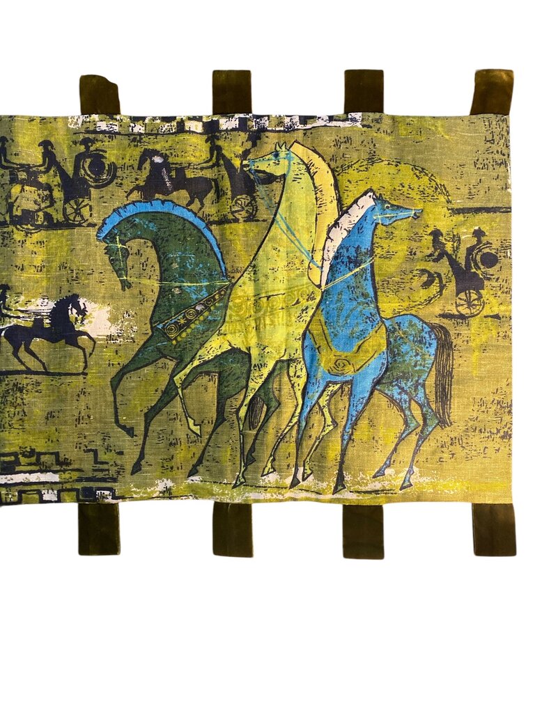 1960's MCM Etruscan Horses Linen and Velvet Wall Hanging