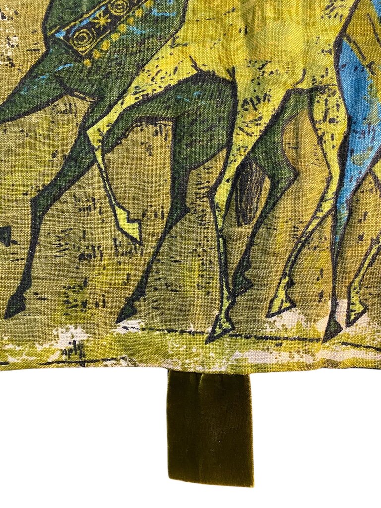 1960's MCM Etruscan Horses Linen and Velvet Wall Hanging