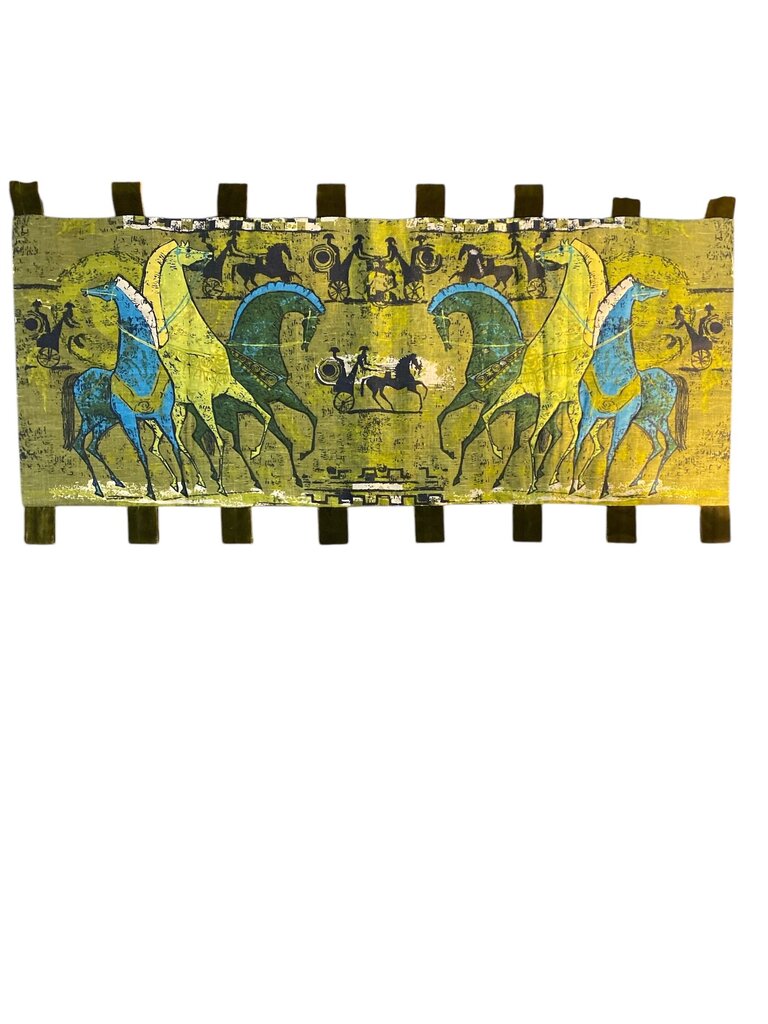 1960's MCM Etruscan Horses Linen and Velvet Wall Hanging