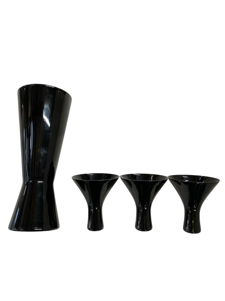Vintage Finland Black Glass Martini Pitcher & Three Glasses Set (Set of 4)