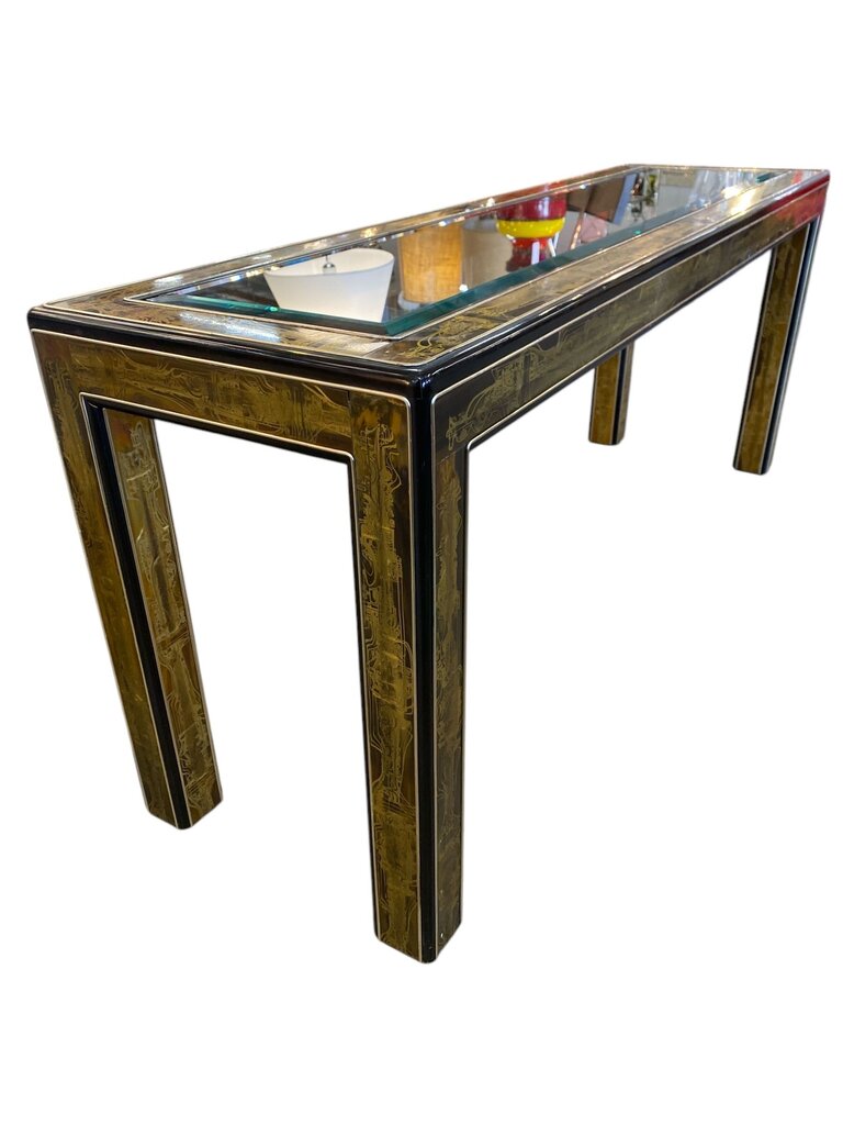 Mastercraft Acid Etched Hollywood Regency Console Table (chips in corners of glass) - as found priced accordingly)