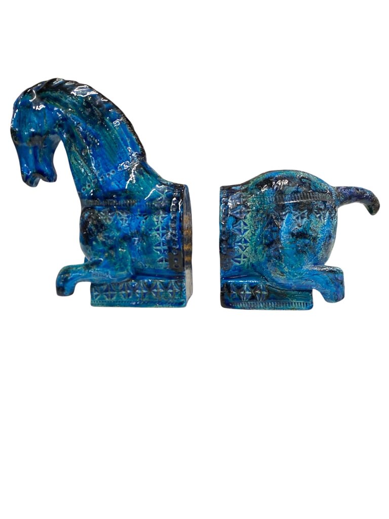 Bitossi Aldo Londi Rimini Blue Italian Mid Century Ceramic Horse Bookends (Set of 2)