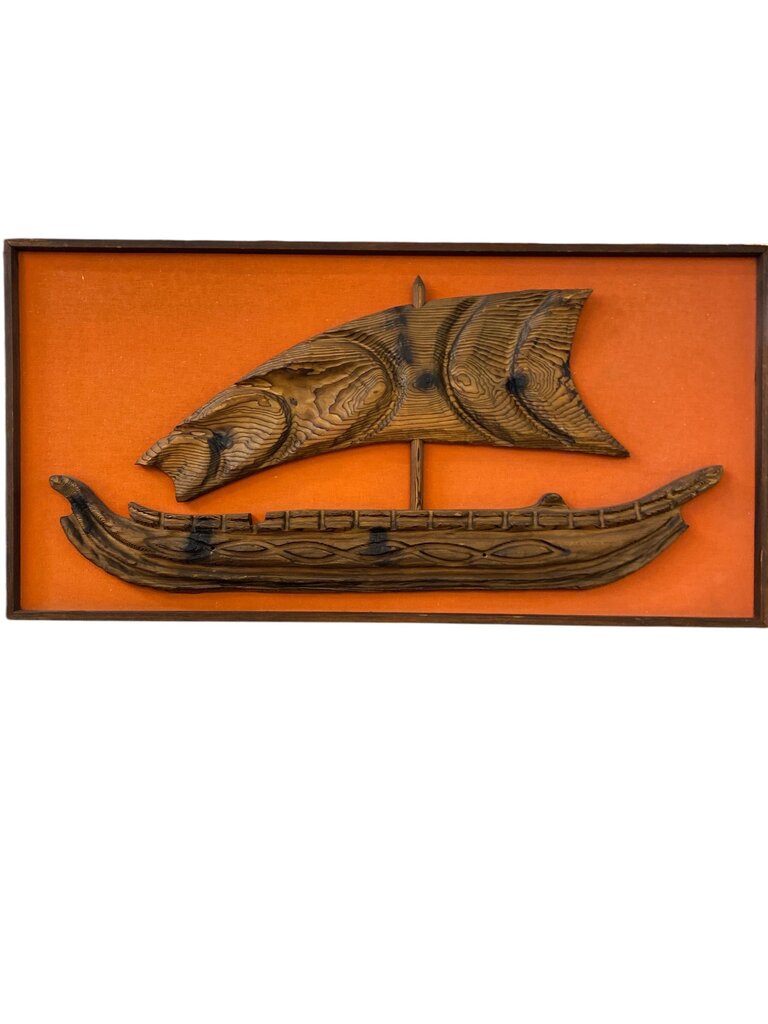 Monumental Mid Century WITCO Tiki Orange Backed Wall Carving - Ship ad Sail