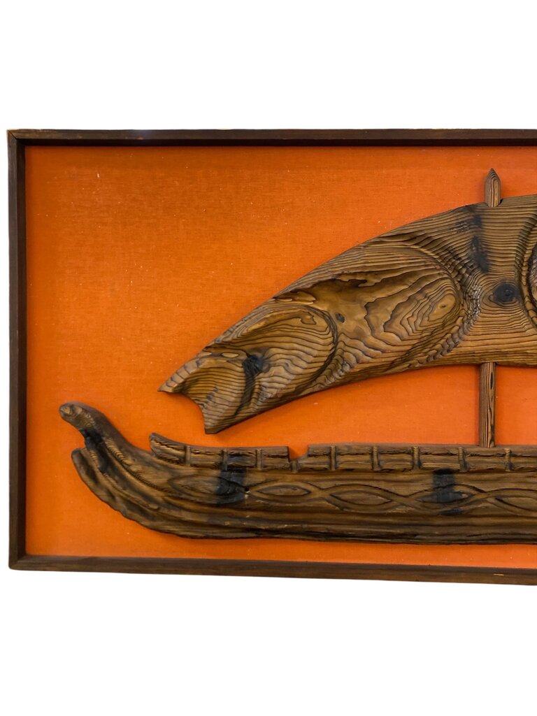 Monumental Mid Century WITCO Tiki Orange Backed Wall Carving - Ship ad Sail