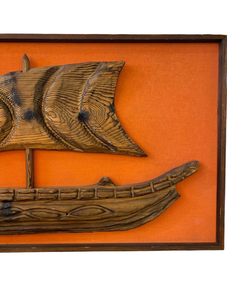 Monumental Mid Century WITCO Tiki Orange Backed Wall Carving - Ship ad Sail