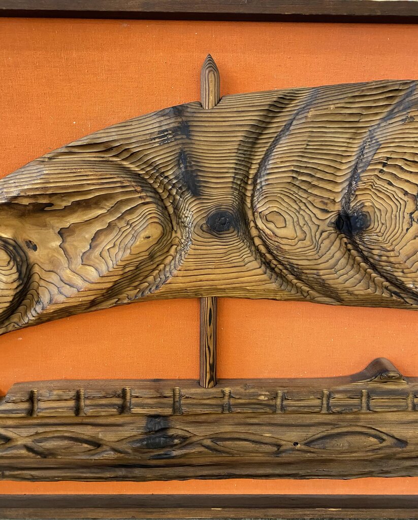 Monumental Mid Century WITCO Tiki Orange Backed Wall Carving - Ship ad Sail