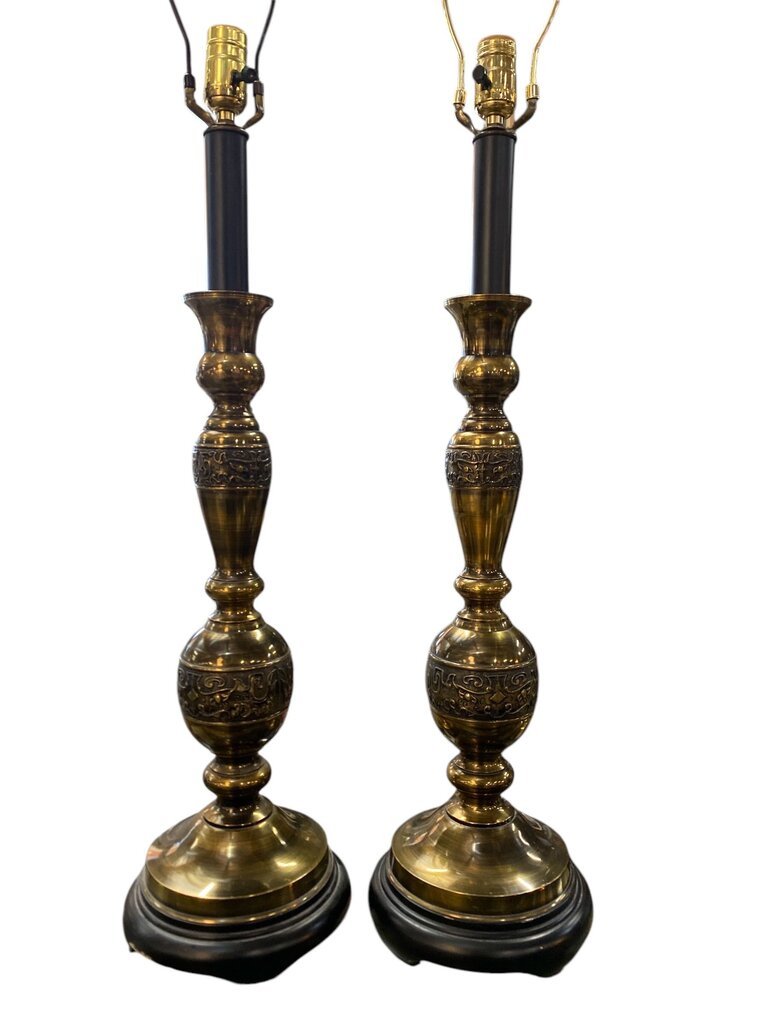 Vintage James Mont Style Pair of Tall Brass Table Lamps (Set of 2)