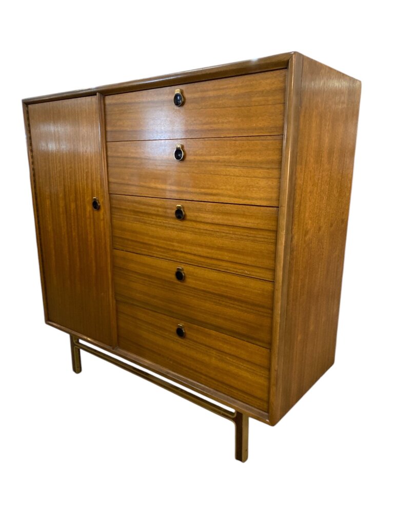 Mid Century Walnut Mixed Woods Tall Dresser - Zebrawood Lined Drawers, Brass and Rosewood Base, Brass and Bakelite Pulls - FABULOUS