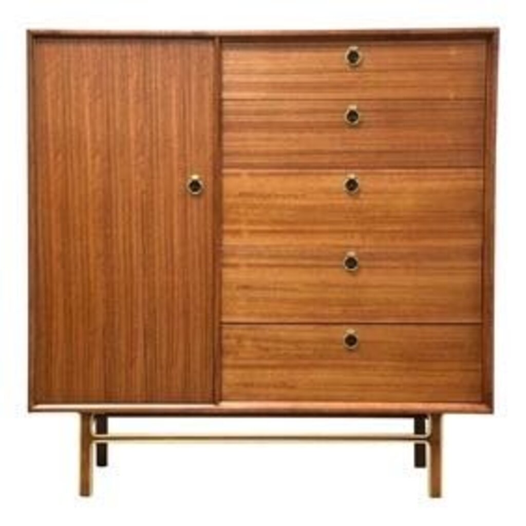 Mid Century Walnut Mixed Woods Tall Dresser - Zebrawood Lined Drawers, Brass and Rosewood Base, Brass and Bakelite Pulls - FABULOUS