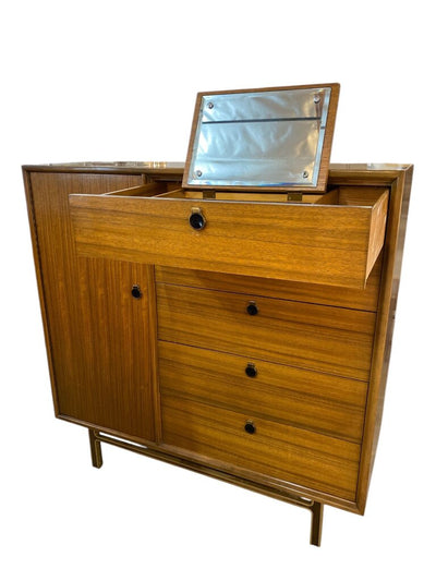 Mid Century Walnut Mixed Woods Tall Dresser - Zebrawood Lined Drawers, Brass and Rosewood Base, Brass and Bakelite Pulls - FABULOUS
