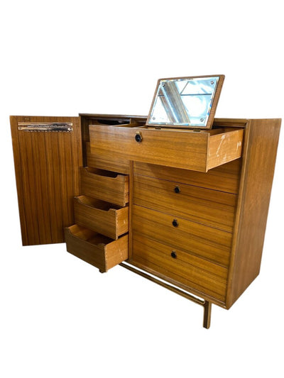 Mid Century Walnut Mixed Woods Tall Dresser - Zebrawood Lined Drawers, Brass and Rosewood Base, Brass and Bakelite Pulls - FABULOUS