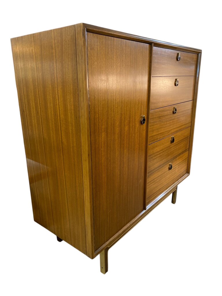 Mid Century Walnut Mixed Woods Tall Dresser - Zebrawood Lined Drawers, Brass and Rosewood Base, Brass and Bakelite Pulls - FABULOUS