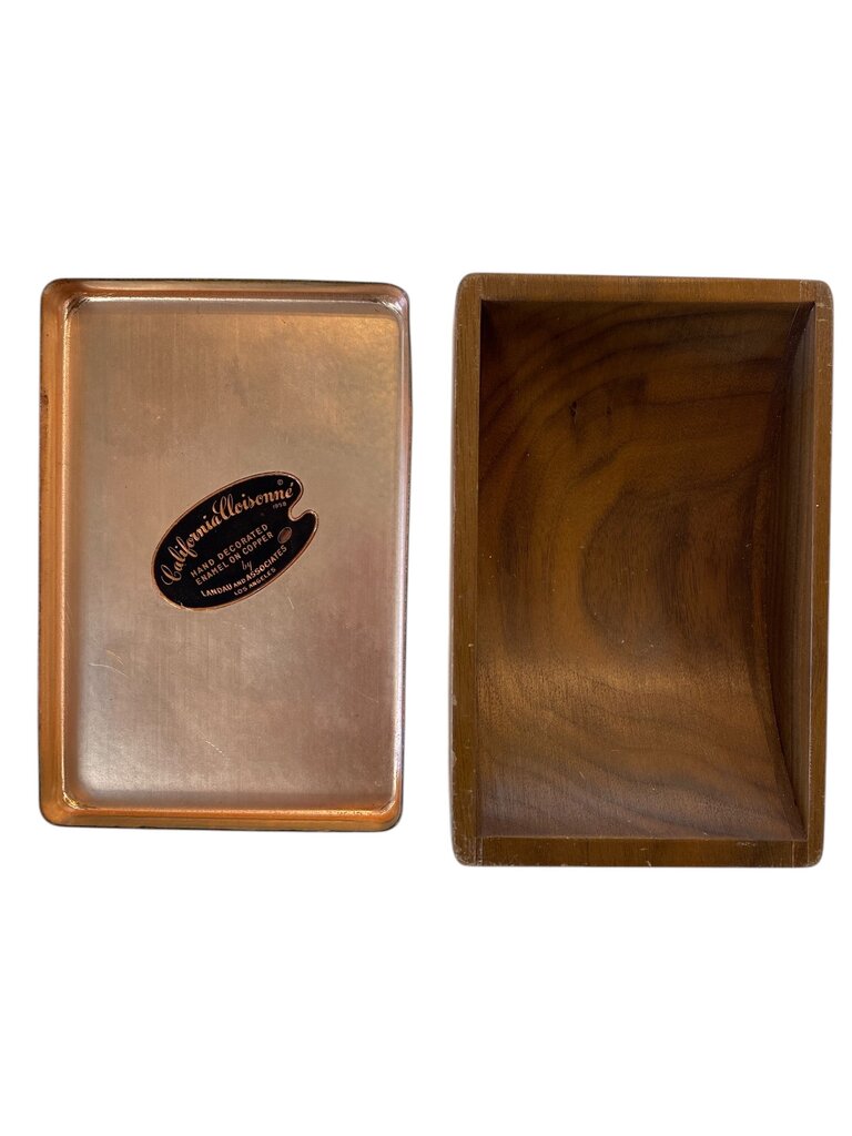 Walnut and Copper California Mid Century Cloisonne Trinket Box California Closinonne by Landau