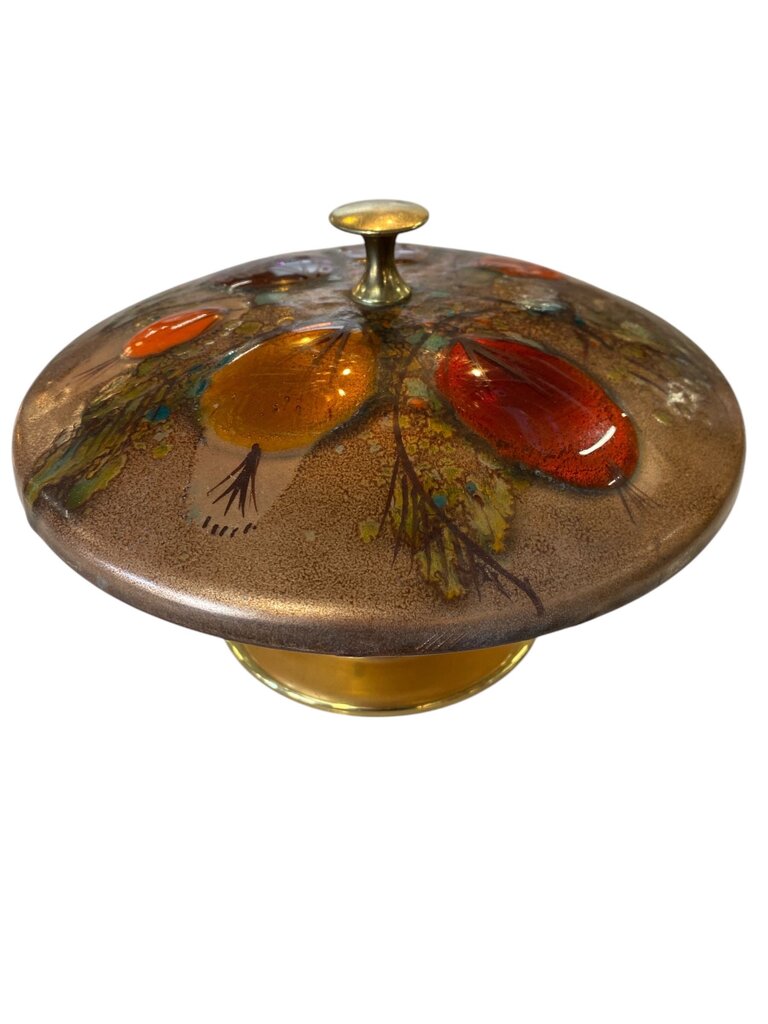 Walnut and Copper California Mid Century Cloisonne Trinket Covered Compote California Closinonne by Landau