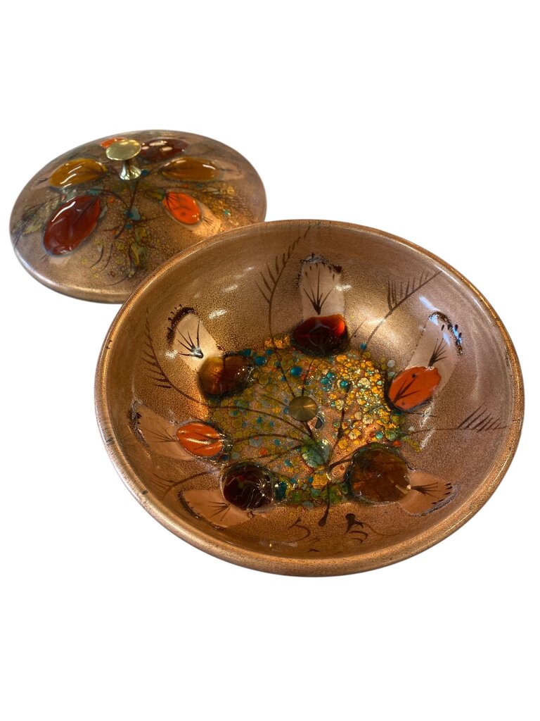 Walnut and Copper California Mid Century Cloisonne Trinket Covered Compote California Closinonne by Landau