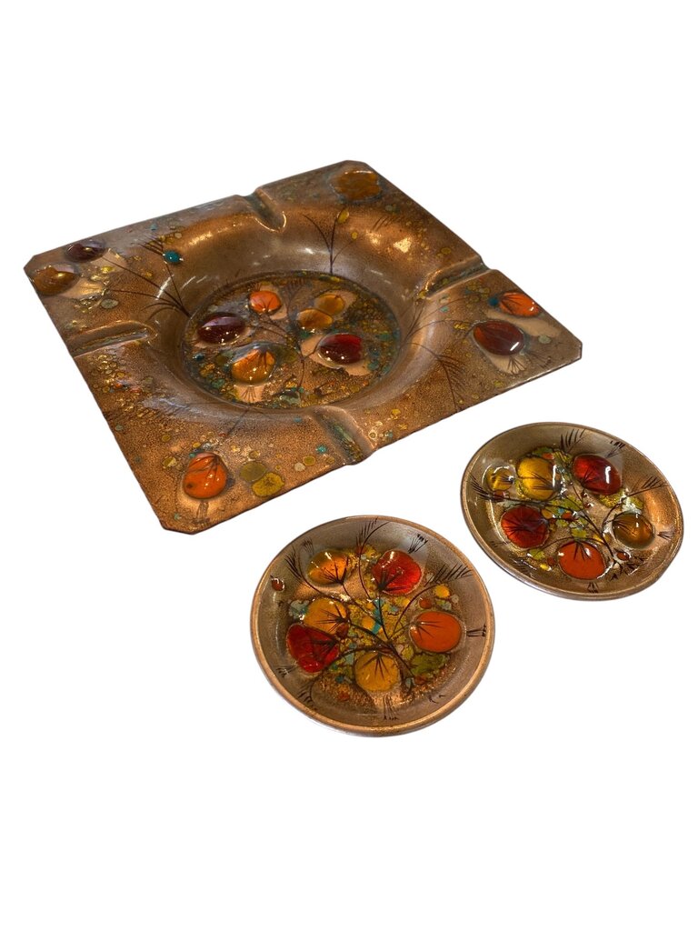 Walnut and Copper California Mid Century Cloisonne XL Ashtray and Coasters (2) California Closinonne by Landau (Set of 3)