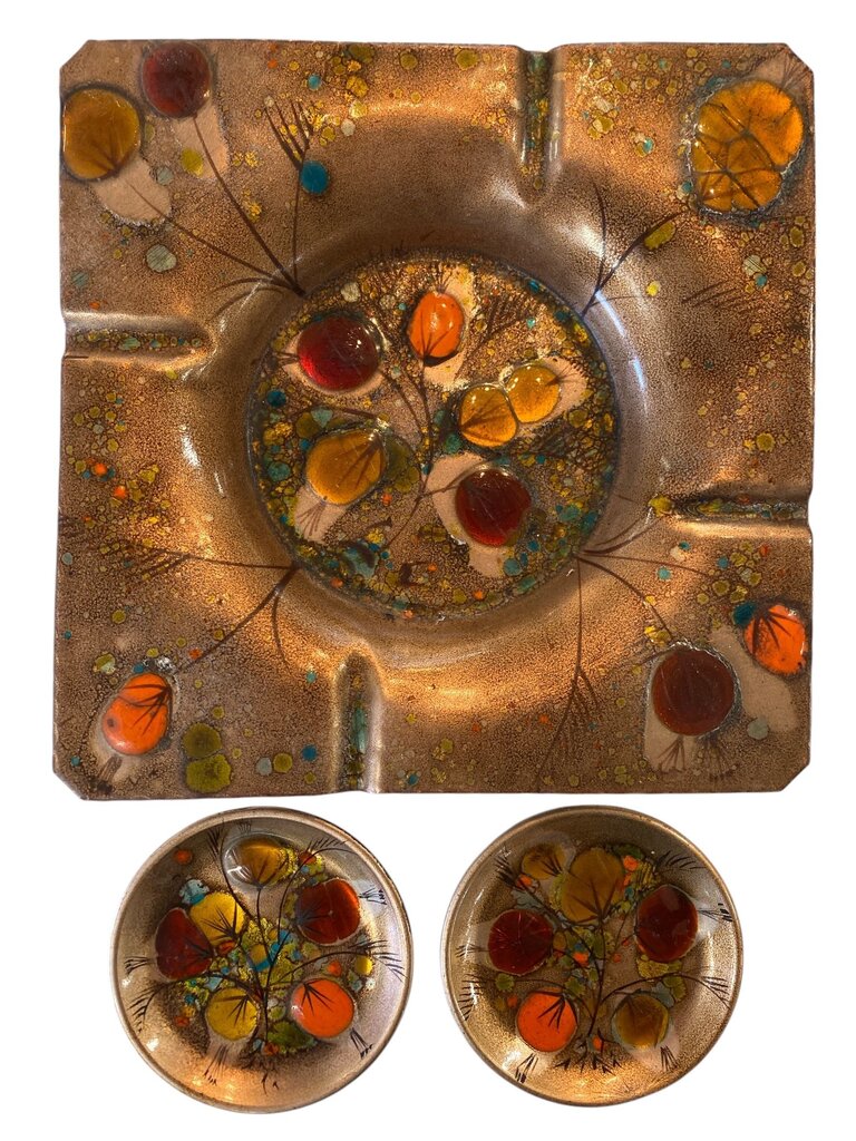 Walnut and Copper California Mid Century Cloisonne XL Ashtray and Coasters (2) California Closinonne by Landau (Set of 3)