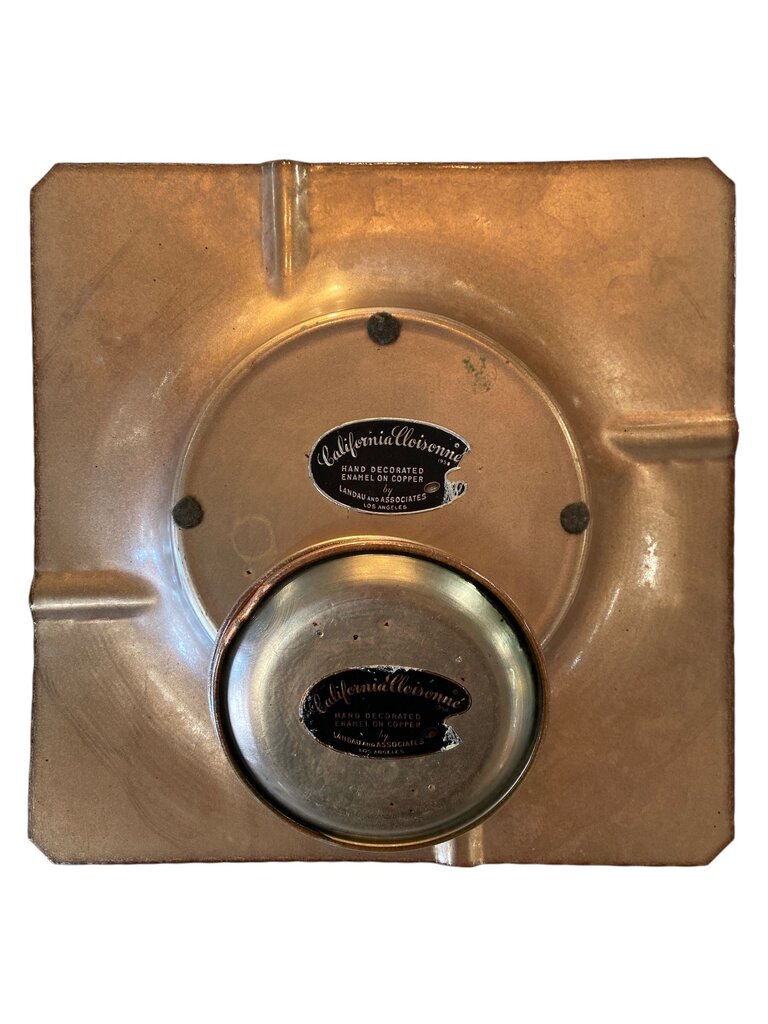 Walnut and Copper California Mid Century Cloisonne XL Ashtray and Coasters (2) California Closinonne by Landau (Set of 3)