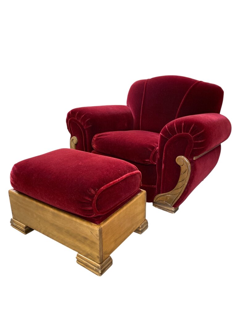 Art Deco Red Velvet Armchair and Ottoman