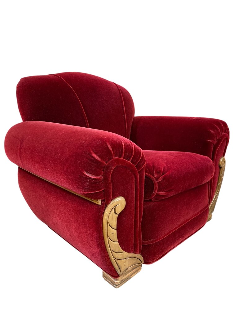 Art Deco Red Velvet Armchair and Ottoman