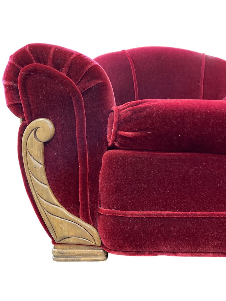 Art Deco Red Velvet Armchair and Ottoman