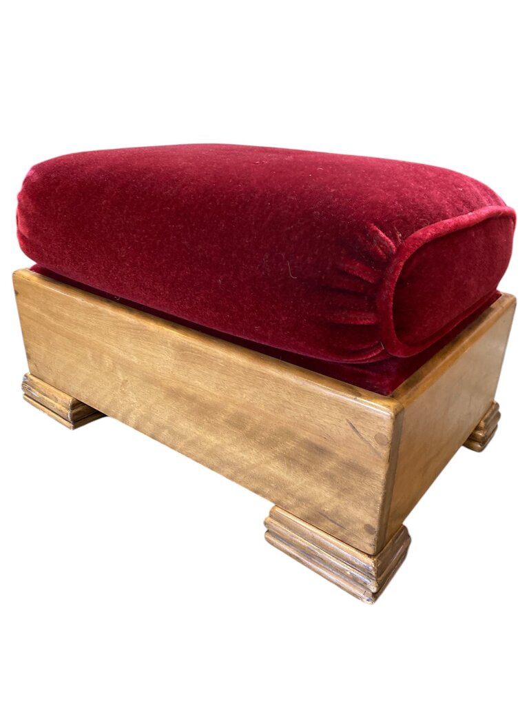 Art Deco Red Velvet Armchair and Ottoman